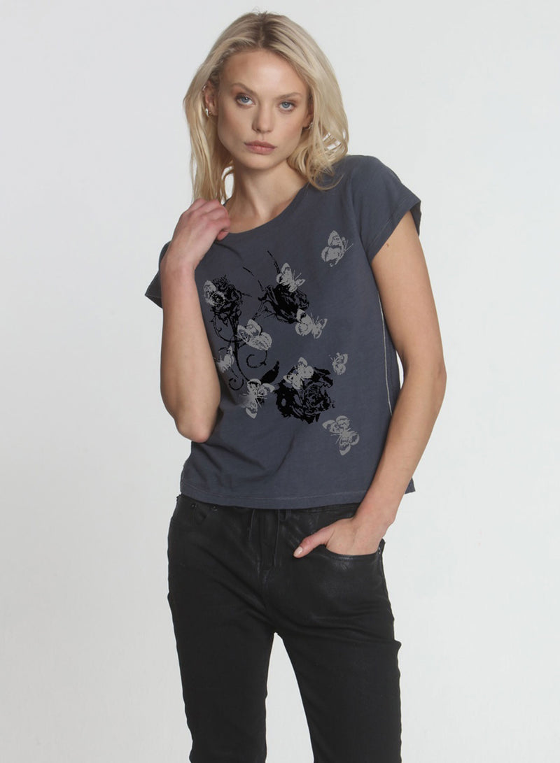Graphic Ava Tee - Graphite Rose Butterflies