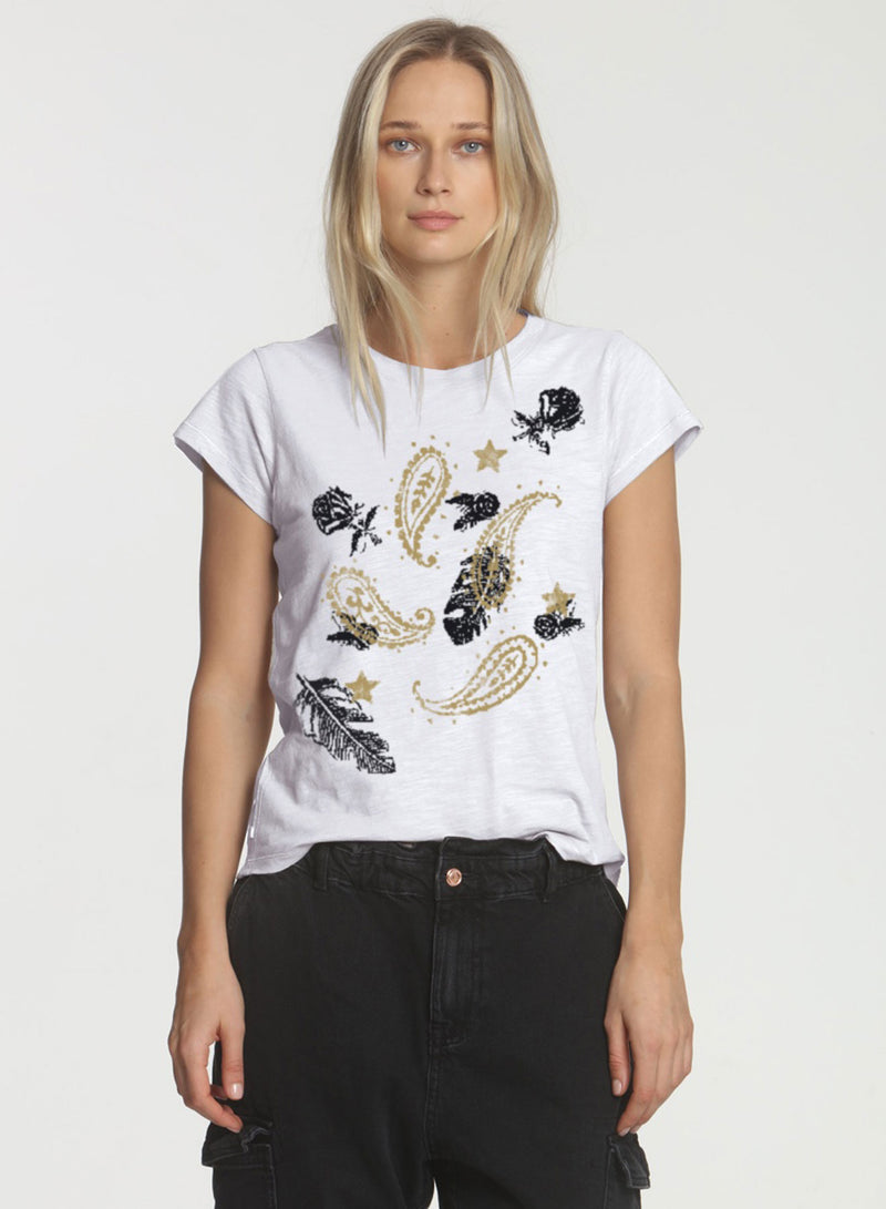 Graphic Ava Tee - White Paisley Feathers