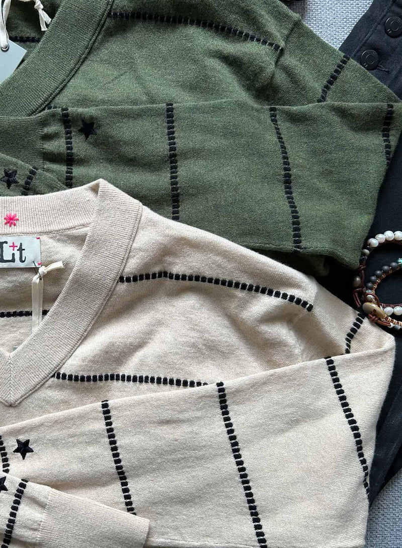 Waverly Stripe Vee - Bone/black
