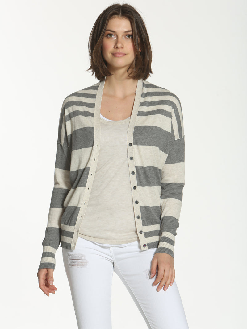 Striped Cotton Cardigan - Grey