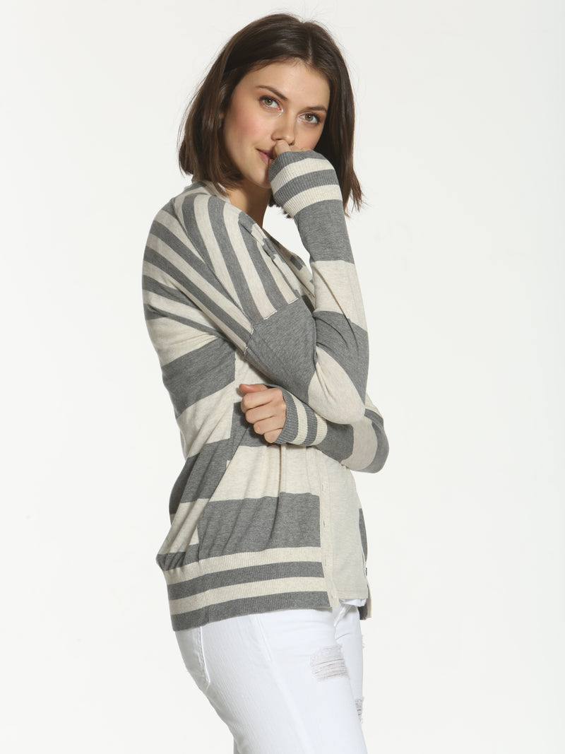 Striped Cotton Cardigan - Grey