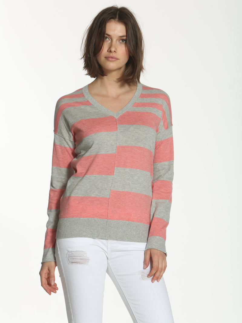 Striped Seamed V-Neck - Grey