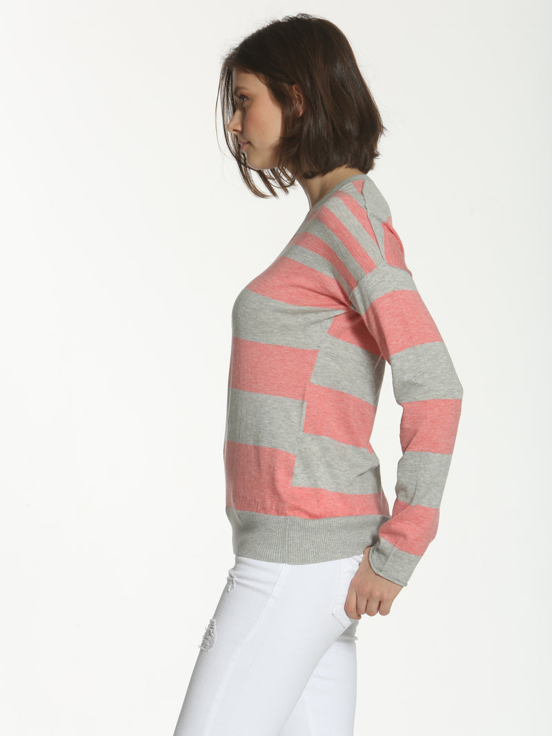 Striped Seamed V-Neck - Grey