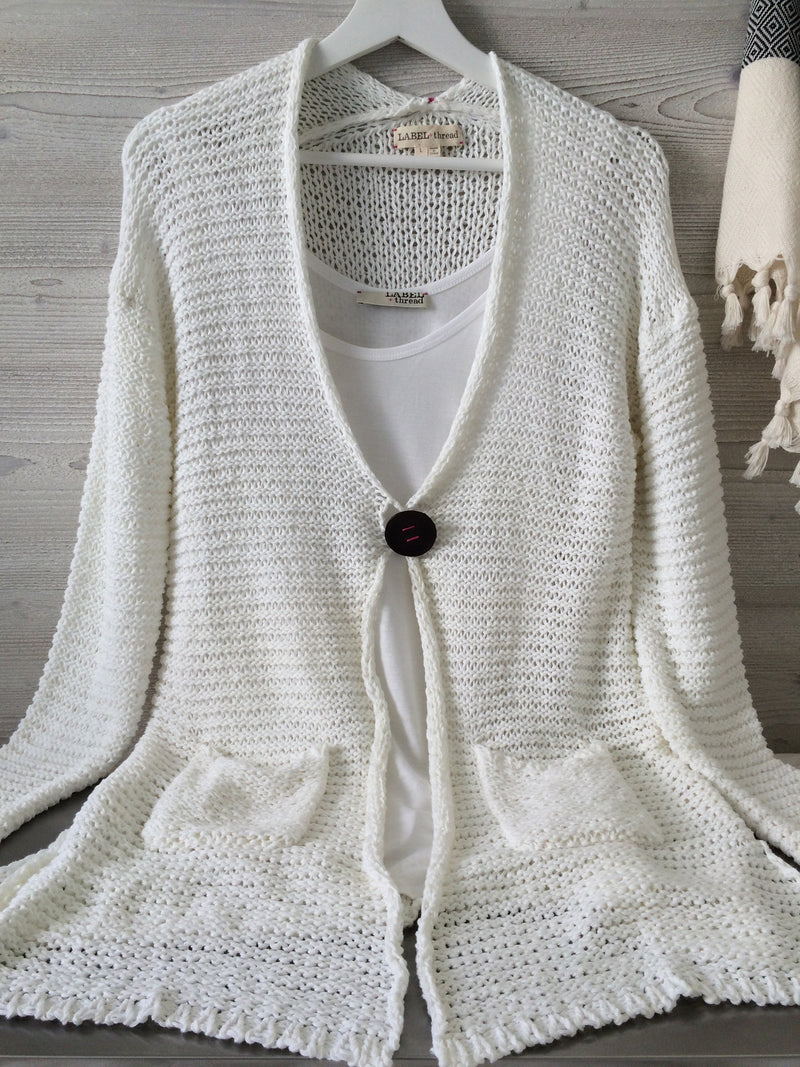 Leather Button Cardigan - White